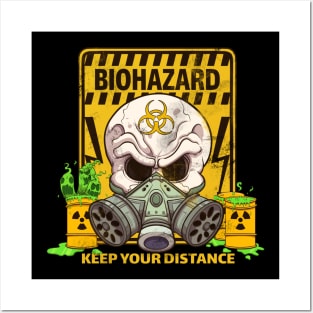 Cartoon Biohazard Skull With Caution Sign Posters and Art